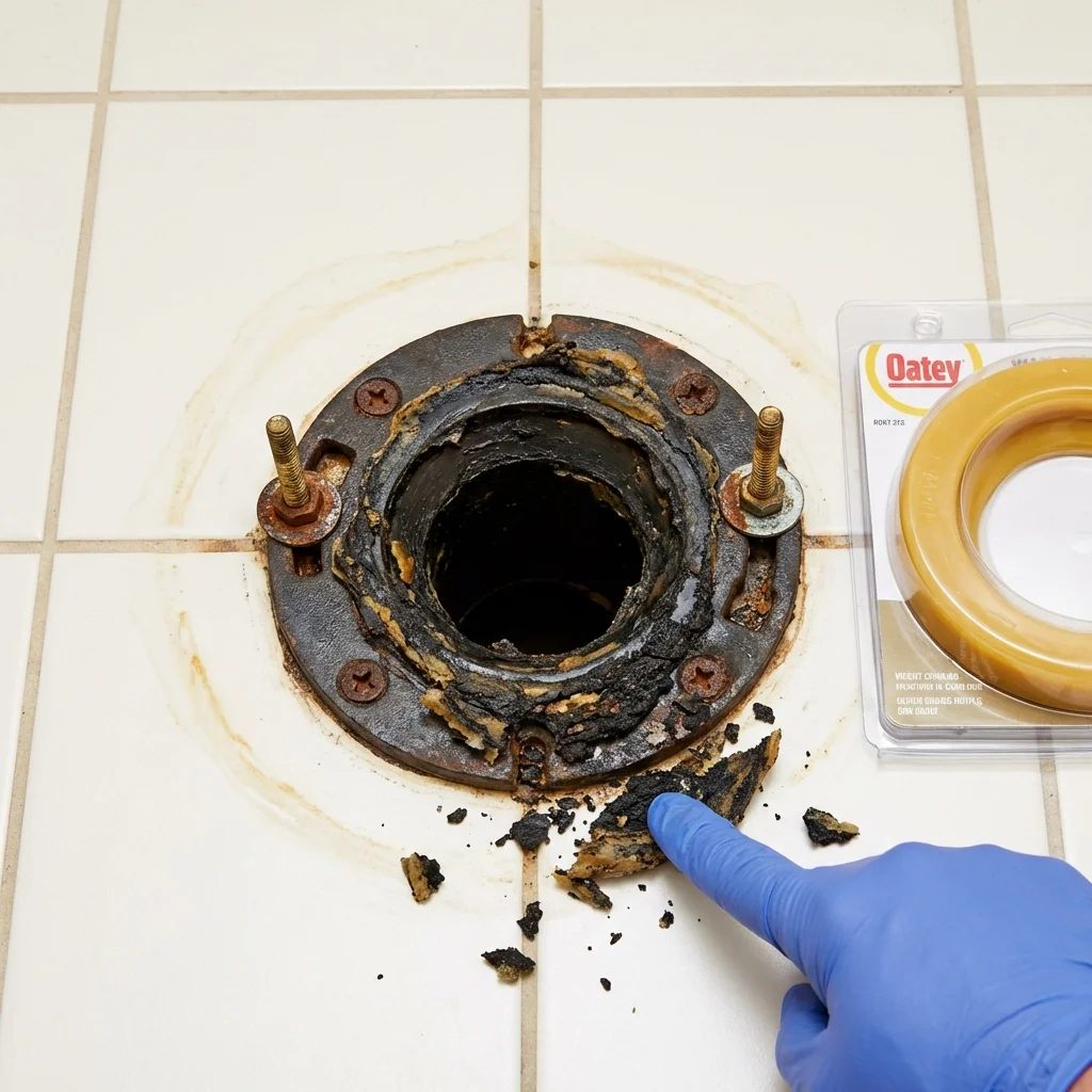 Failed wax ring showing water seepage at the base of a toilet in a Oak Park, MI home