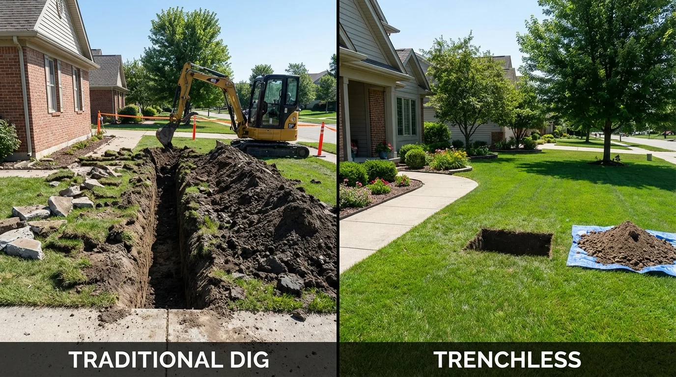 Trenchless sewer repair with minimal yard damage versus traditional excavation in Oak Park, MI
