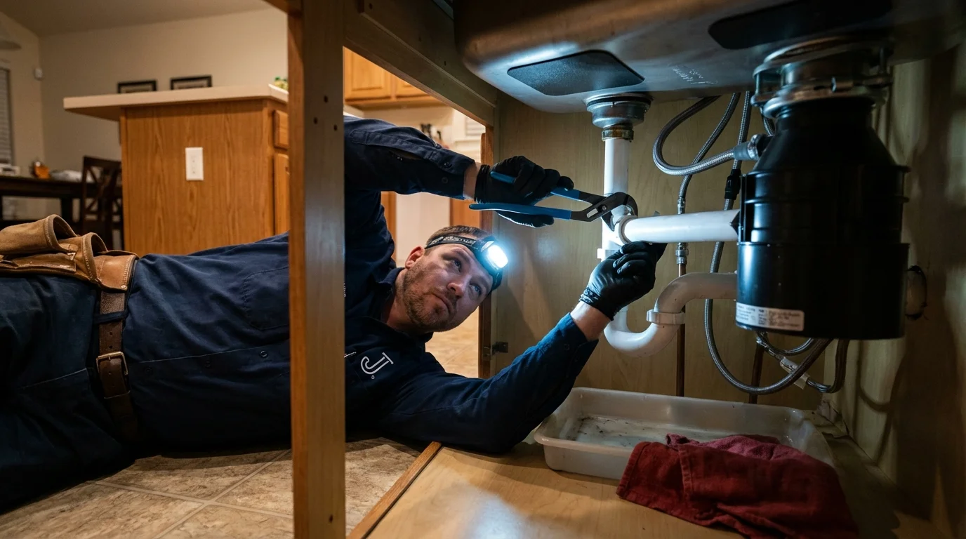 P-trap and supply line connections under a kitchen sink showing a common leak point in Oak Park, MI